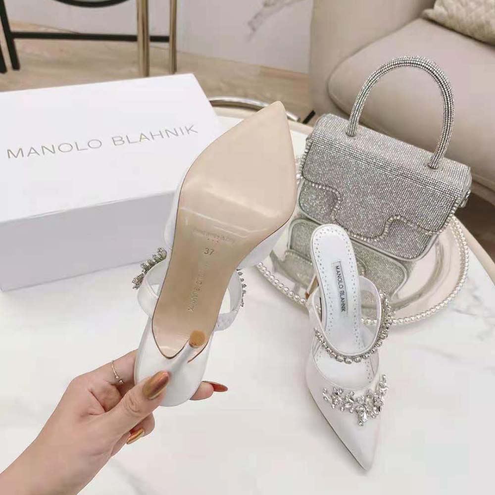 Manolo Blahnik Women White Satin Crystal Embellished Mules - image 10