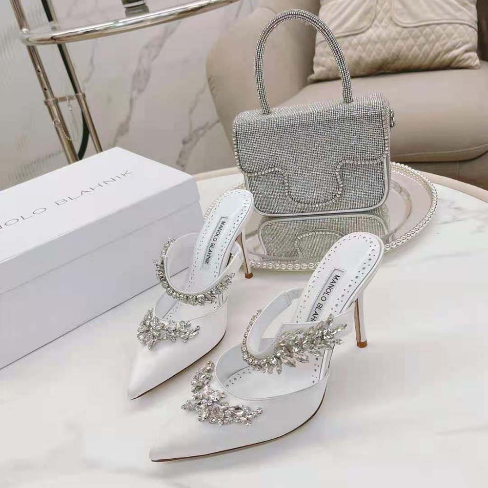 Manolo Blahnik Women White Satin Crystal Embellished Mules - image 5