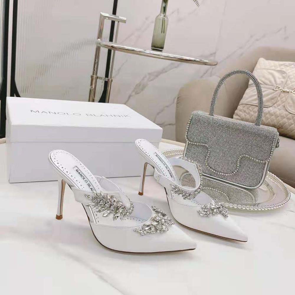 Manolo Blahnik Women White Satin Crystal Embellished Mules - image 4