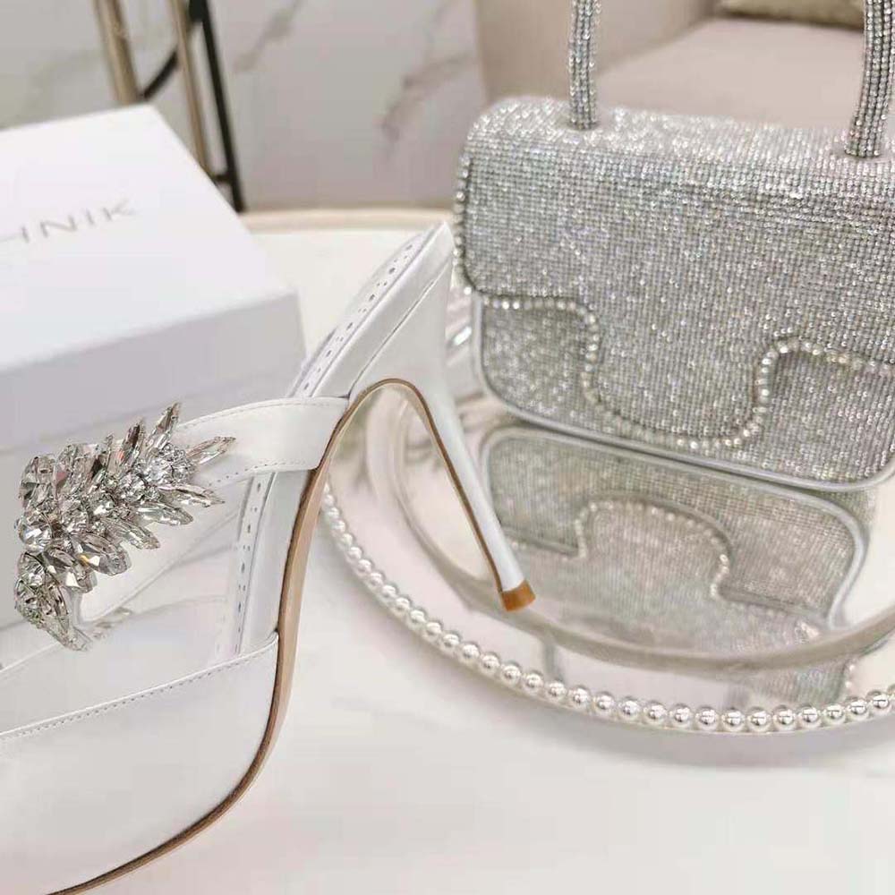 Manolo Blahnik Women White Satin Crystal Embellished Mules - image 9