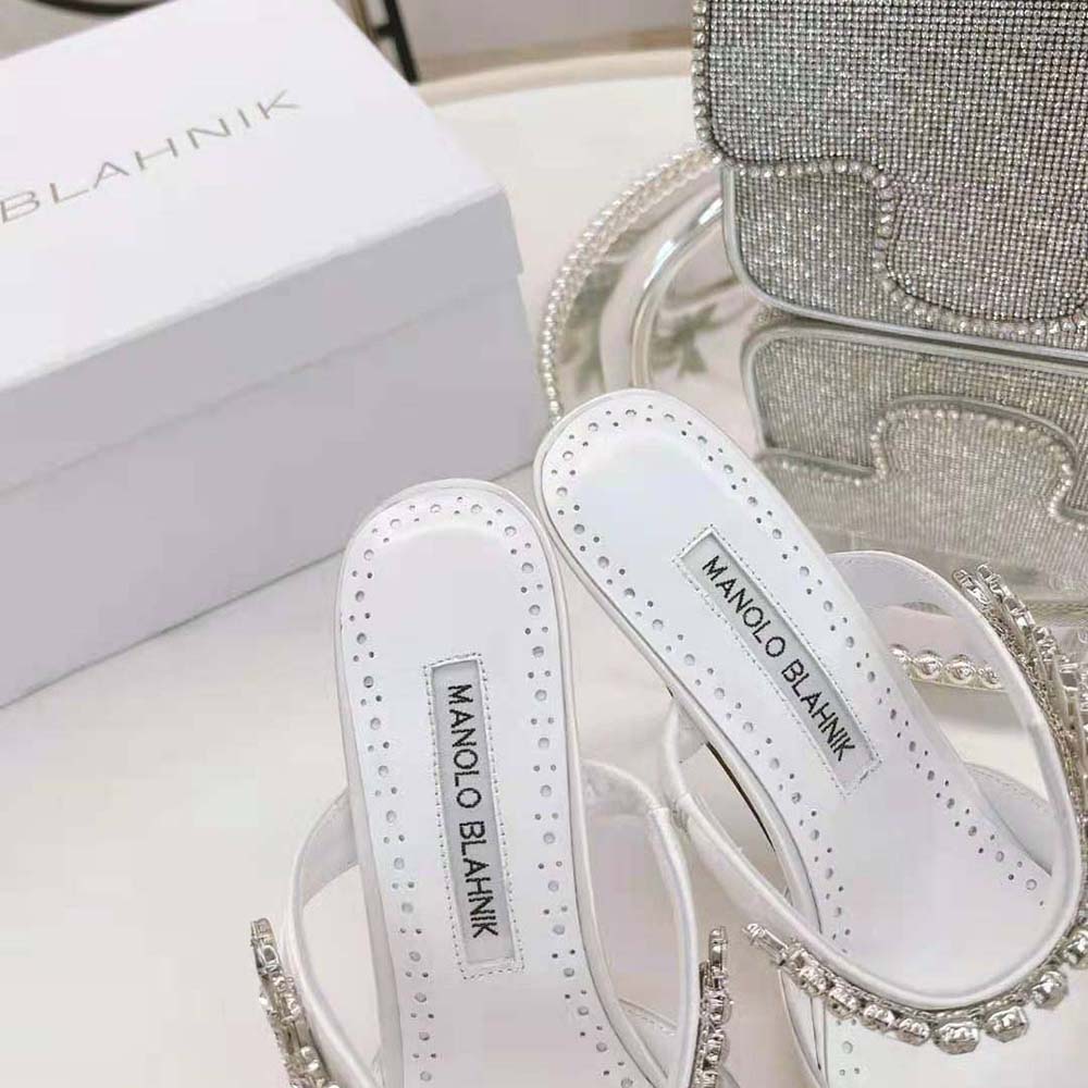 Manolo Blahnik Women White Satin Crystal Embellished Mules - image 8