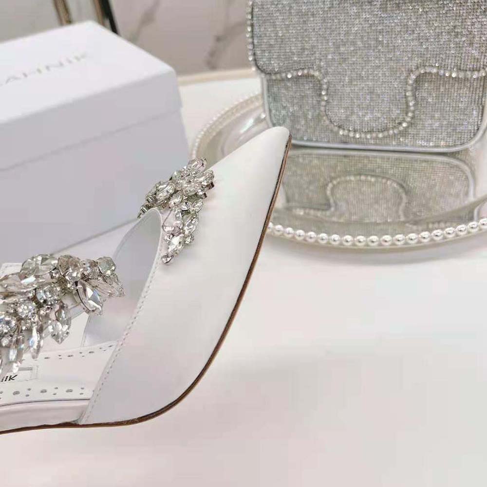 Manolo Blahnik Women White Satin Crystal Embellished Mules - image 7
