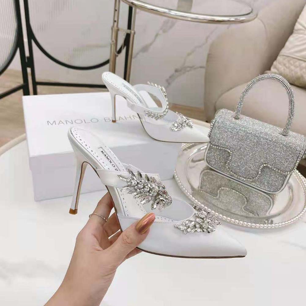 Manolo Blahnik Women White Satin Crystal Embellished Mules - image 6