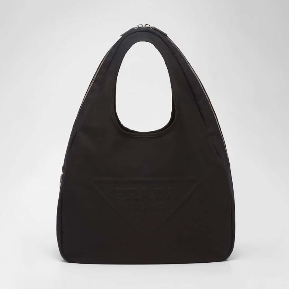 Front view of Prada Men Canvas Hobo Bag with Embossed Logo on the Front-Black