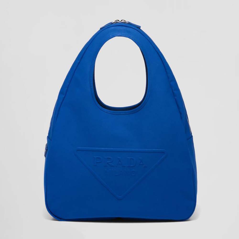Front view of Prada Men Canvas Hobo Bag with embossed logo in blue