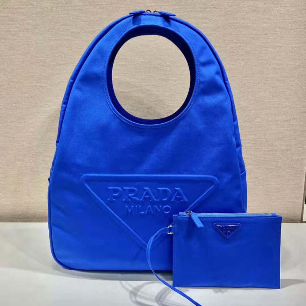 Side angle of spacious Prada Men Canvas Hobo Bag with embossed logo