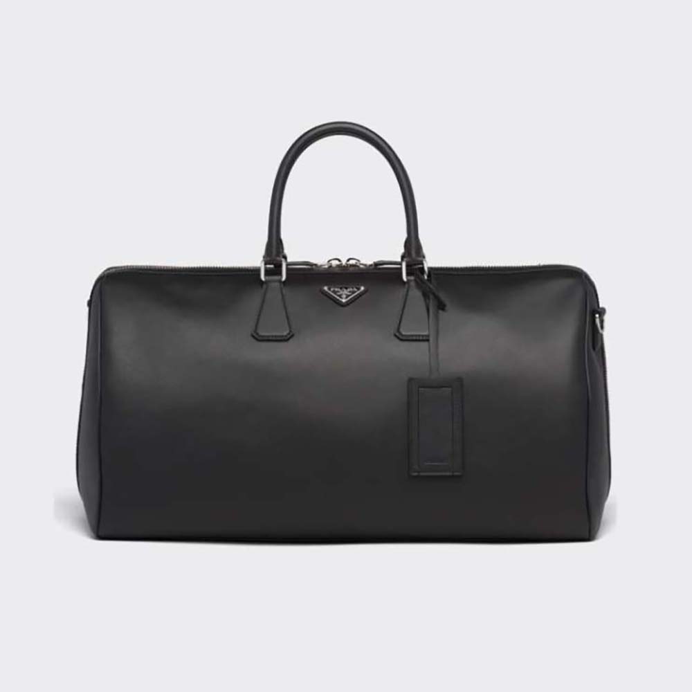 Front view of Prada Men Elegant Duffle Bag in Saffiano Leather Travel Bag-Black