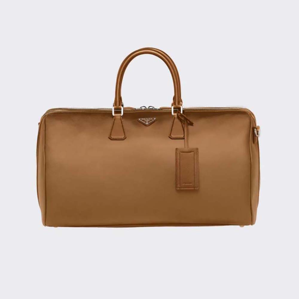 Front view of Prada Men Elegant Duffle Bag in Saffiano Leather Travel Bag-Brown