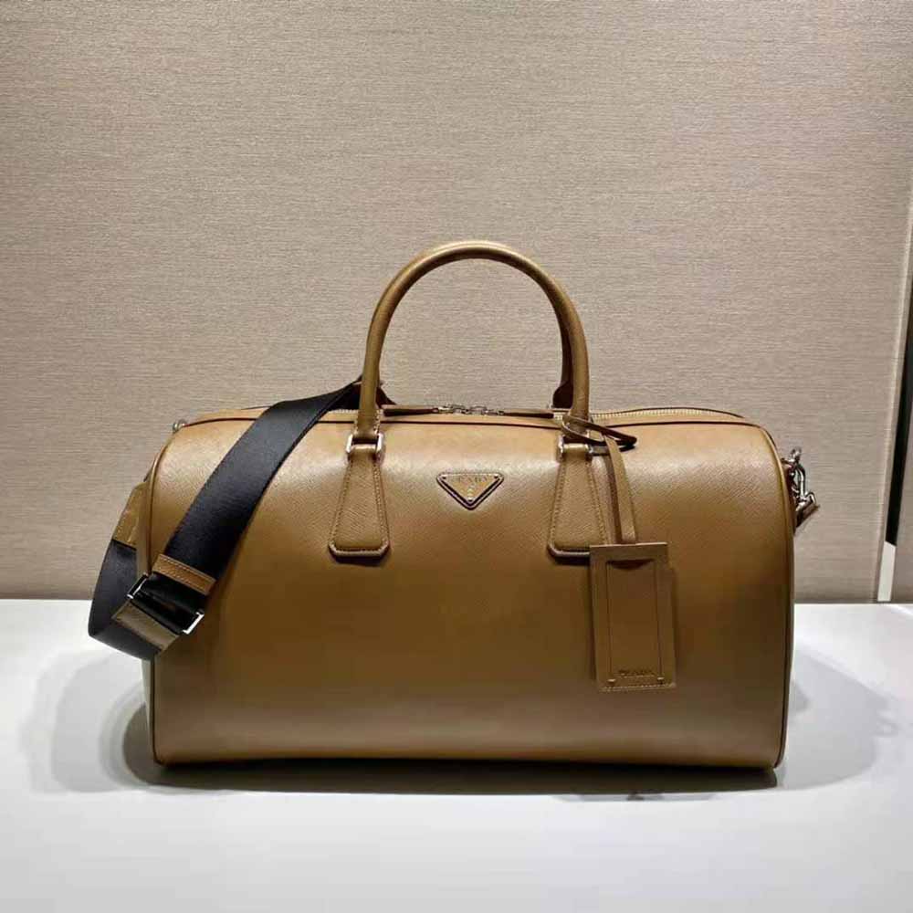 Close-up of brown saffiano leather texture on Prada Men Elegant Duffle Bag