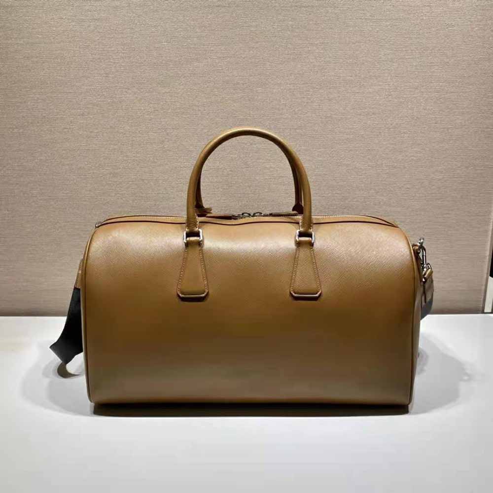 Side angle showing silver hardware and zip closure on Prada Men Elegant Duffle Bag