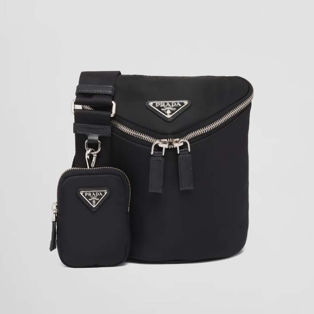 Front view of Prada Men Re-Nylon and Leather Shoulder Bag-Black showing zip closure