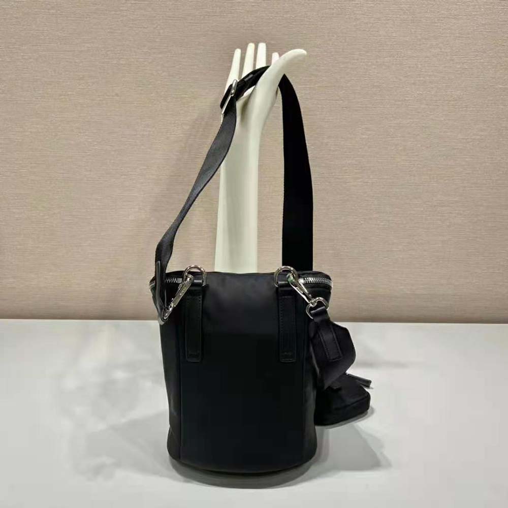 Side angle of Prada Men Re-Nylon and Leather Shoulder Bag highlighting leather trim