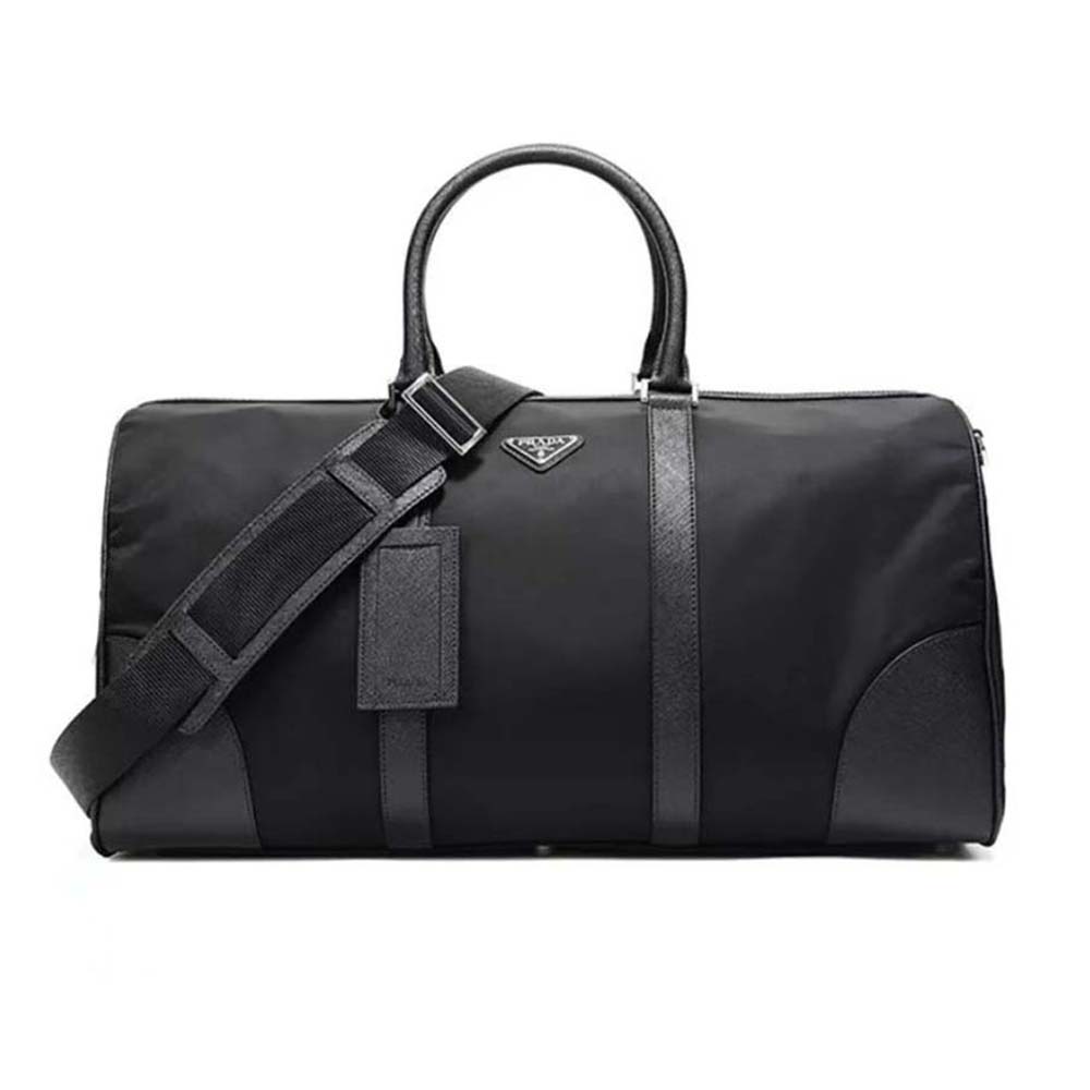 Front view of Prada Men Re-Nylon and Saffiano Leather Duffle Bag-Black