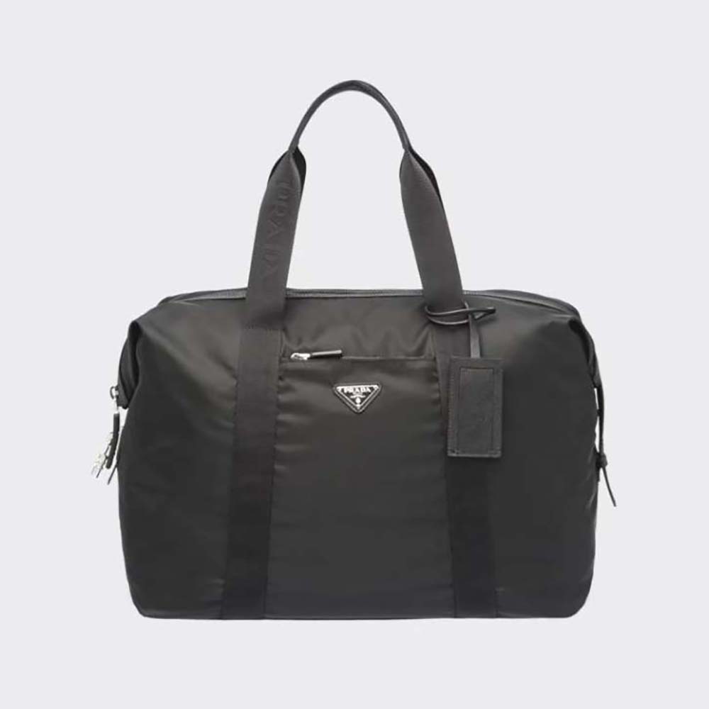 Front view of Prada Unisex Re-Nylon and Saffiano Leather Duffle Bag-Black