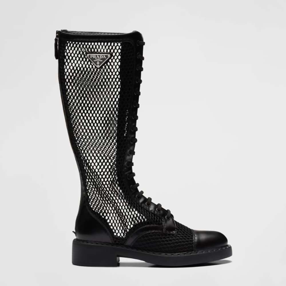 Side view of Prada Women Brushed Leather and Mesh Boots-Black highlighting mesh panels