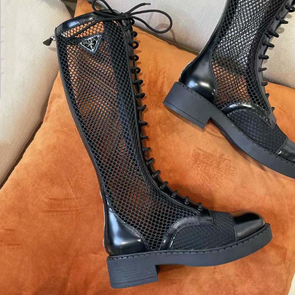Prada Women Brushed Leather and Mesh Boots-Black - image 4