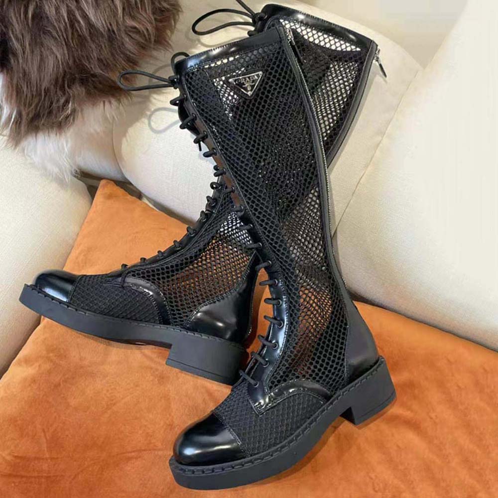 Top angle showing zipper closure on Prada Women Brushed Leather and Mesh Boots-Black