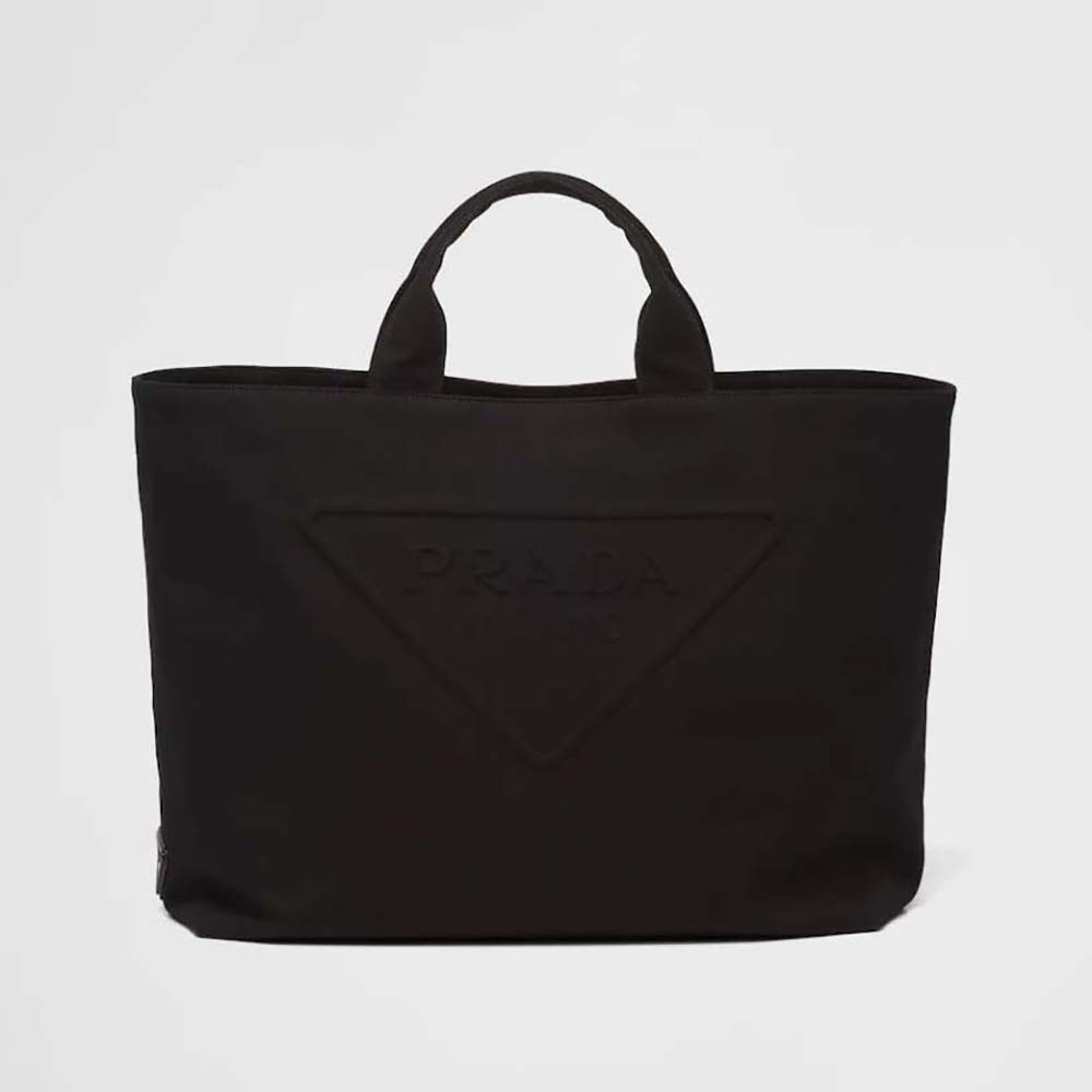 Front view of Prada Women Canvas Tote Bag with Contemporary Take on Classic Beach Designs-Black