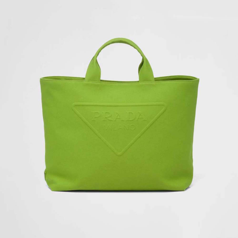 Front angle of Prada Women Canvas Tote Bag with lime canvas
