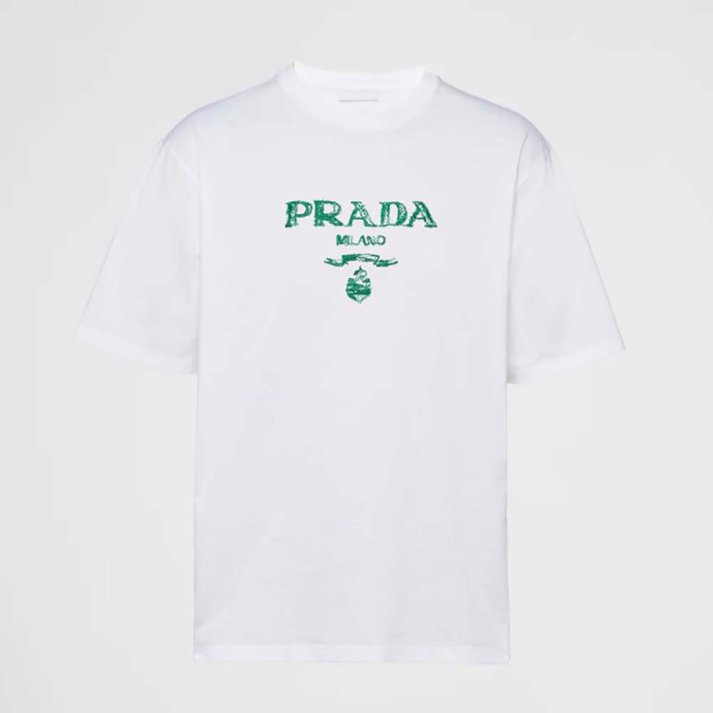 Front view of Prada Men Classic Cotton Crew-Neck T-shirt-Green in white