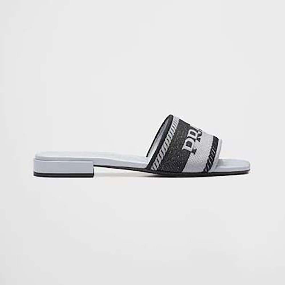 Side view of Prada Women Embroidered Fabric Slides-Blue showing embroidered details