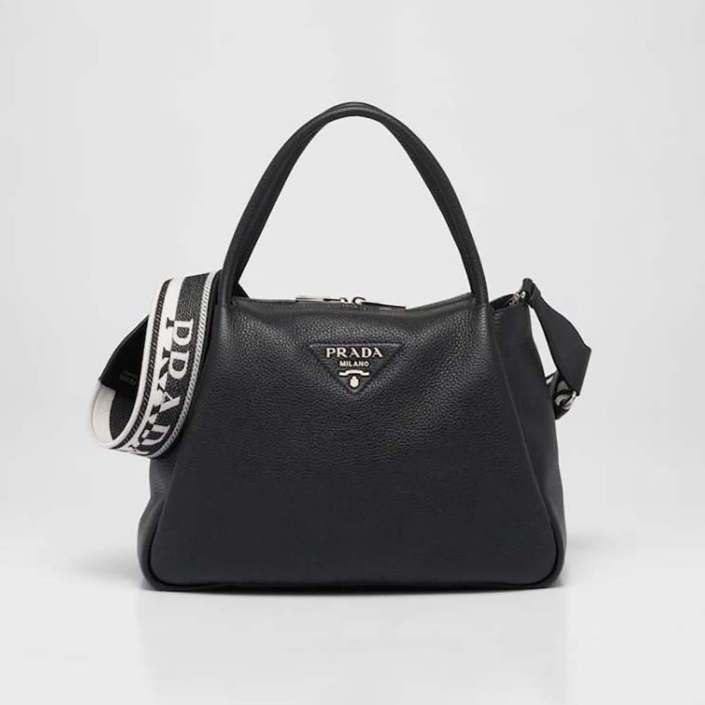 Front view of Prada Women Large Leather Handbag with metal logo