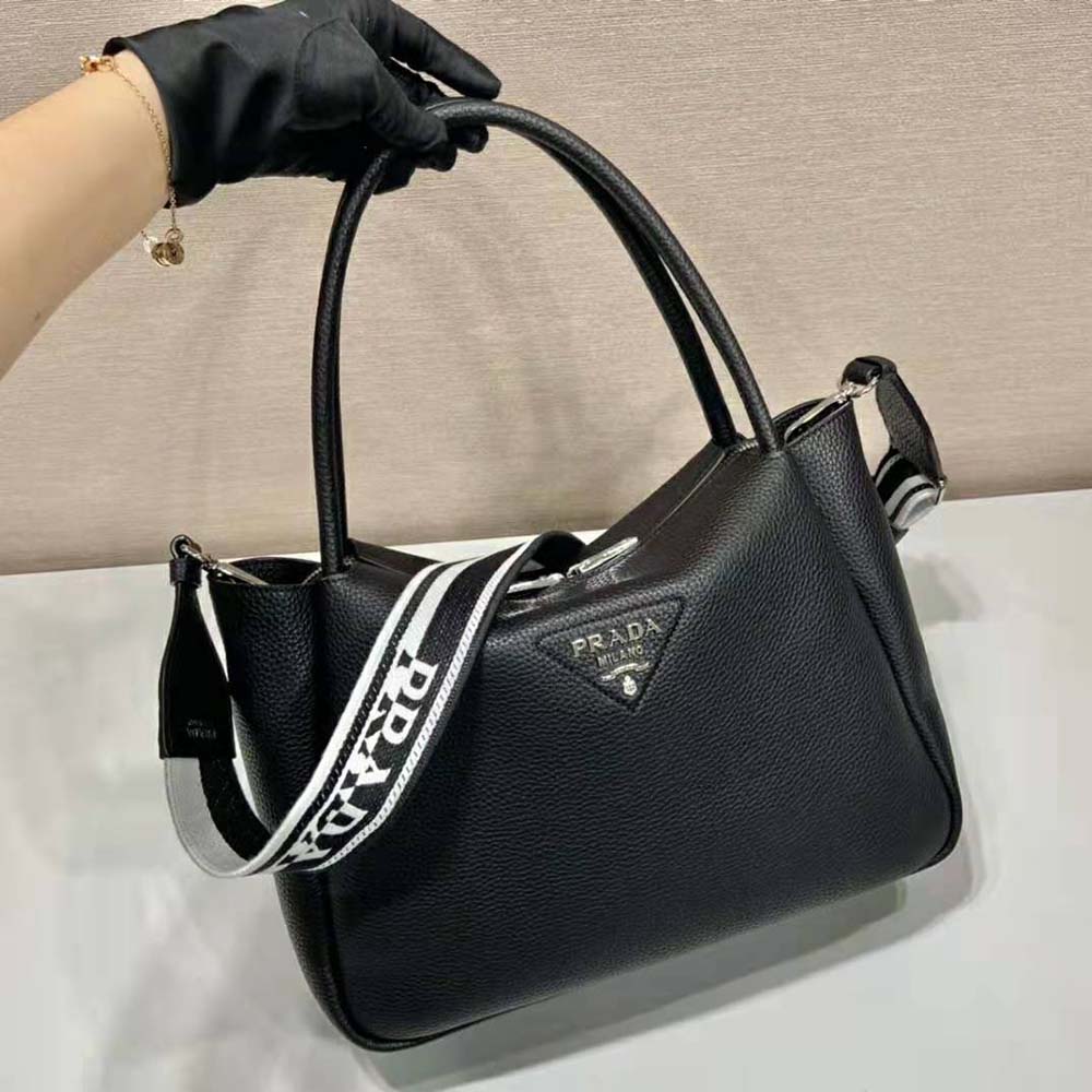 Prada Women Large Leather Handbag with the Prada Metal Lettering Logo Gleaming at Its Center-Black - image 4