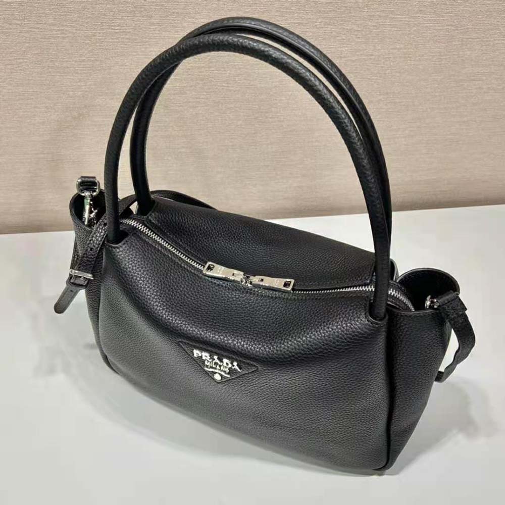 Prada Women Large Leather Handbag with the Prada Metal Lettering Logo Gleaming at Its Center-Black - image 6