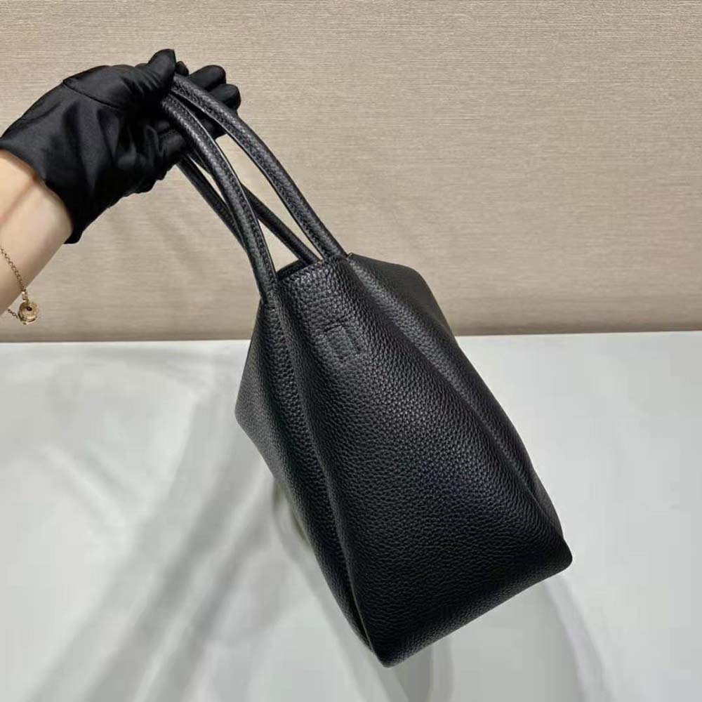 Prada Women Large Leather Handbag with the Prada Metal Lettering Logo Gleaming at Its Center-Black - image 5