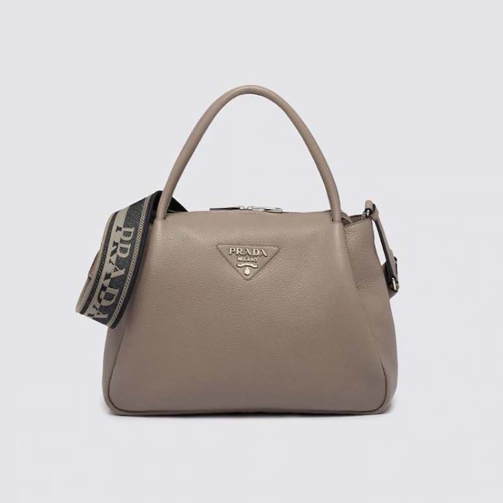 Front view of Prada Women Large Leather Handbag with metal logo