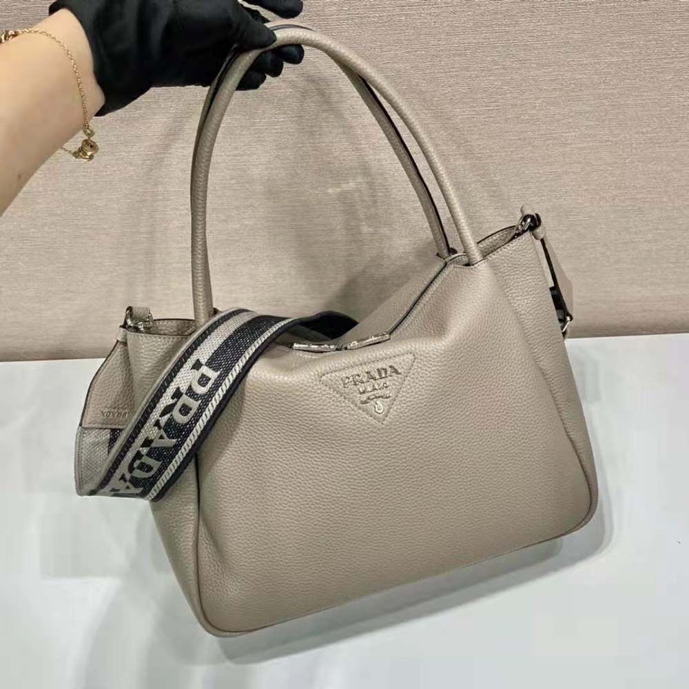Prada Women Large Leather Handbag with the Prada Metal Lettering Logo Gleaming at Its Center-Brown - image 4