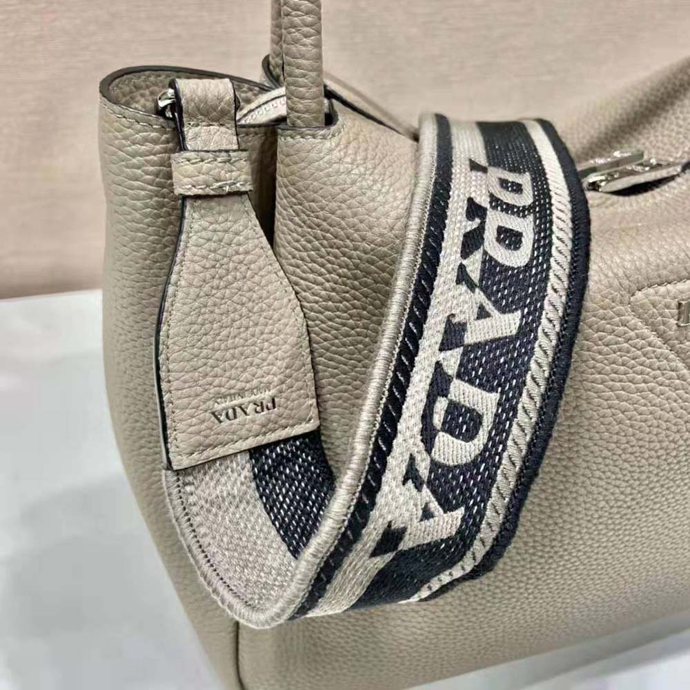 Prada Women Large Leather Handbag with the Prada Metal Lettering Logo Gleaming at Its Center-Brown - image 8