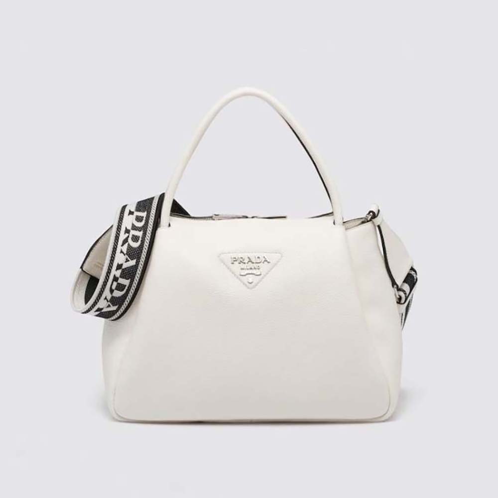 Front view of Prada Women Large Leather Handbag with metal logo in white