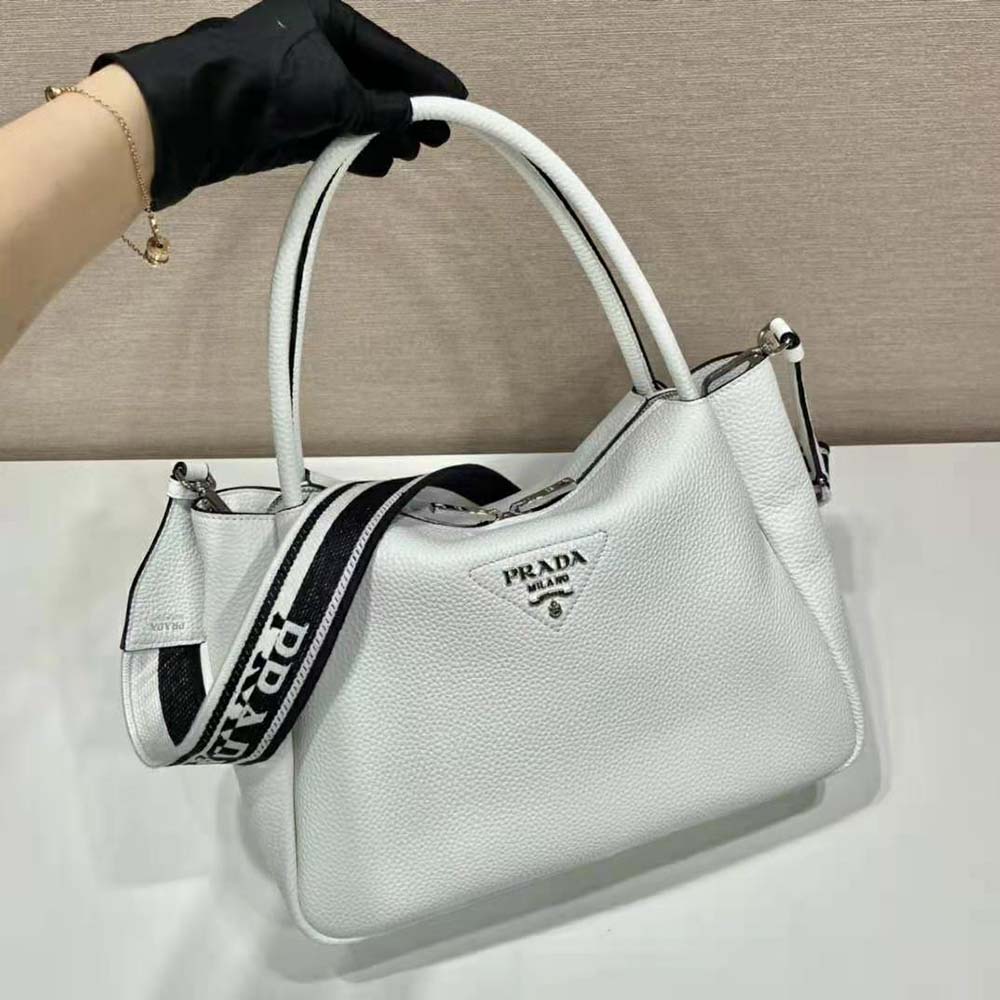 Prada Women Large Leather Handbag with the Prada Metal Lettering Logo Gleaming at Its Center-White - image 5