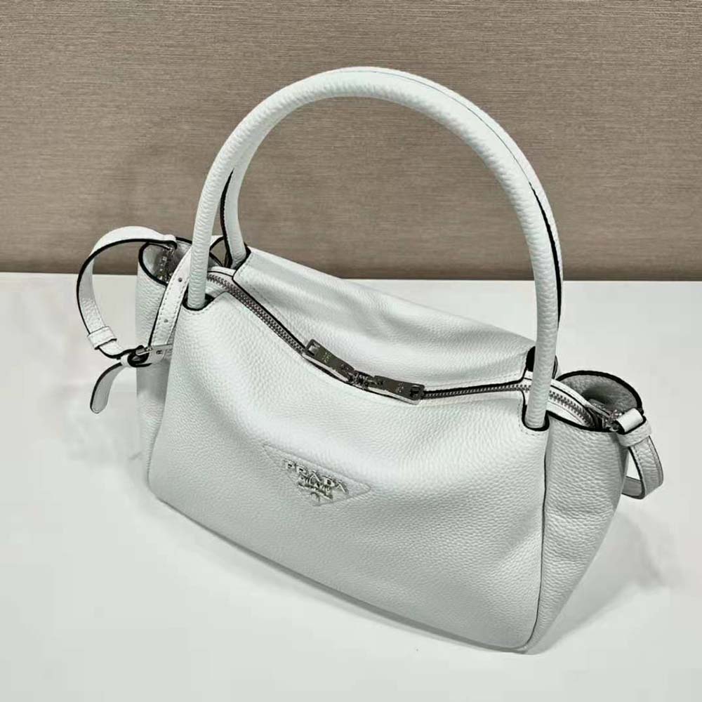Prada Women Large Leather Handbag with the Prada Metal Lettering Logo Gleaming at Its Center-White - image 7