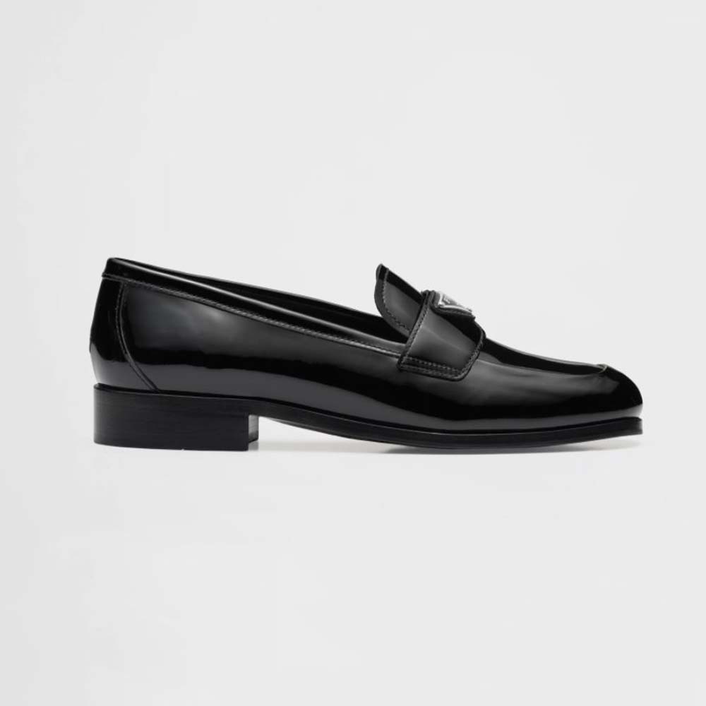 Front angle view of Prada Men Patent Leather Loafers in 25 mm Heel Height-Black