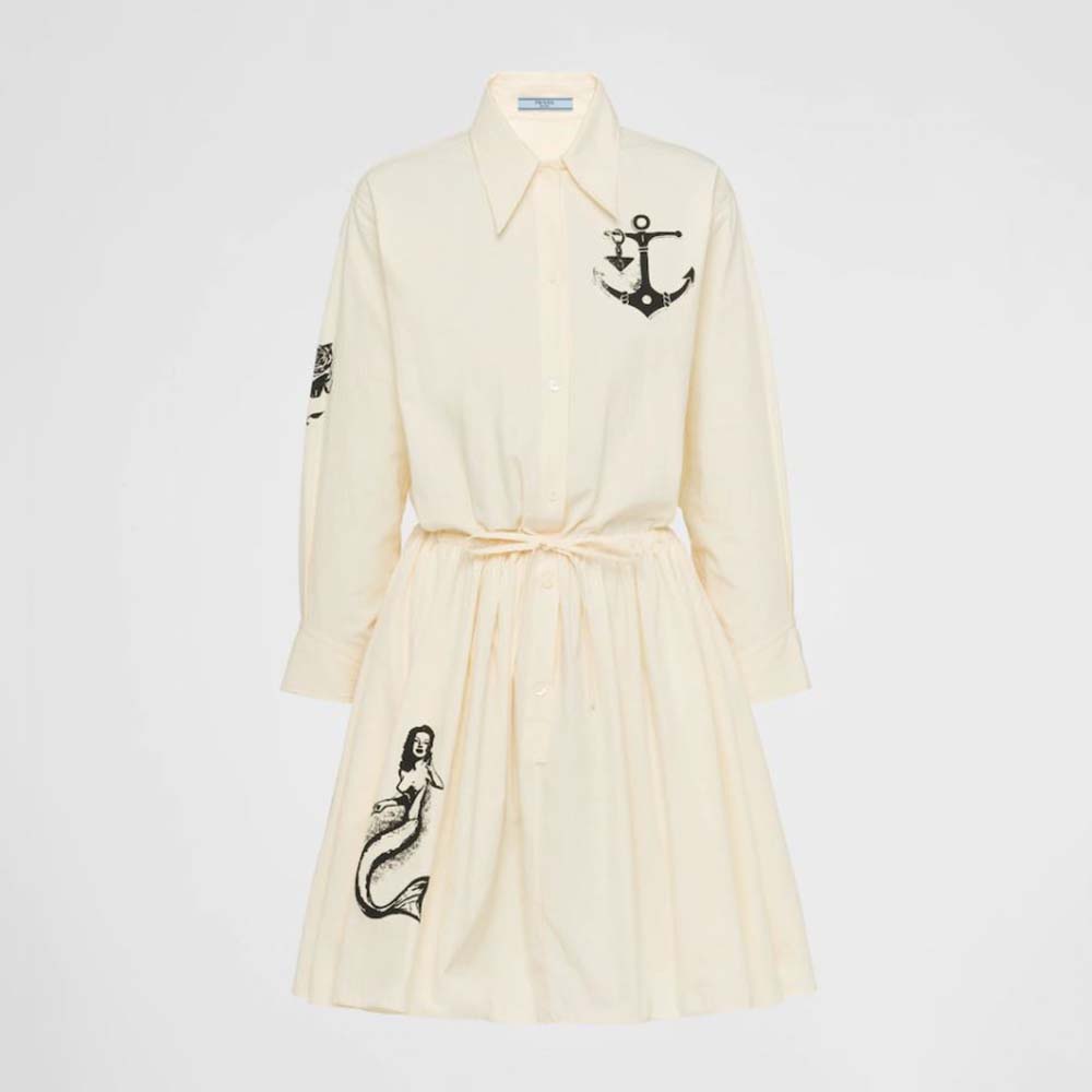 Front view of Prada Women Printed Chambray Mini-Dress-White on mannequin