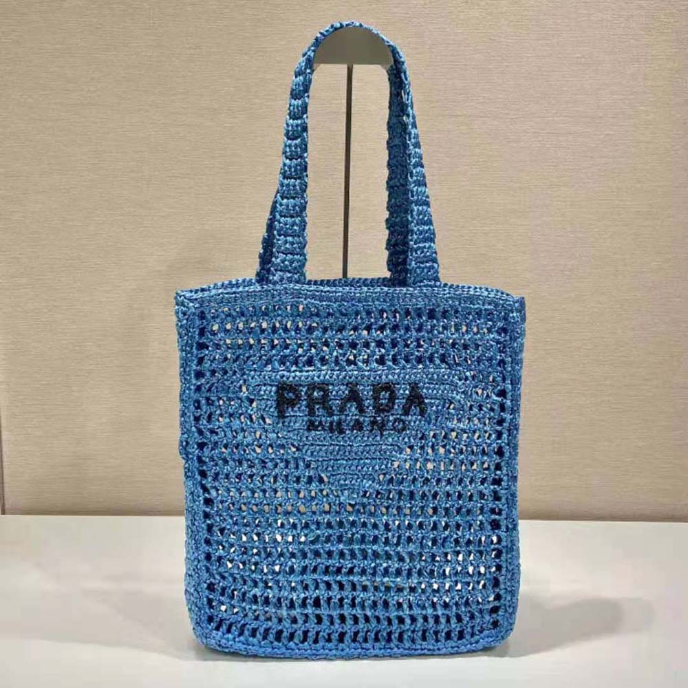 Close-up of raffia weave and silver hardware on Prada tote