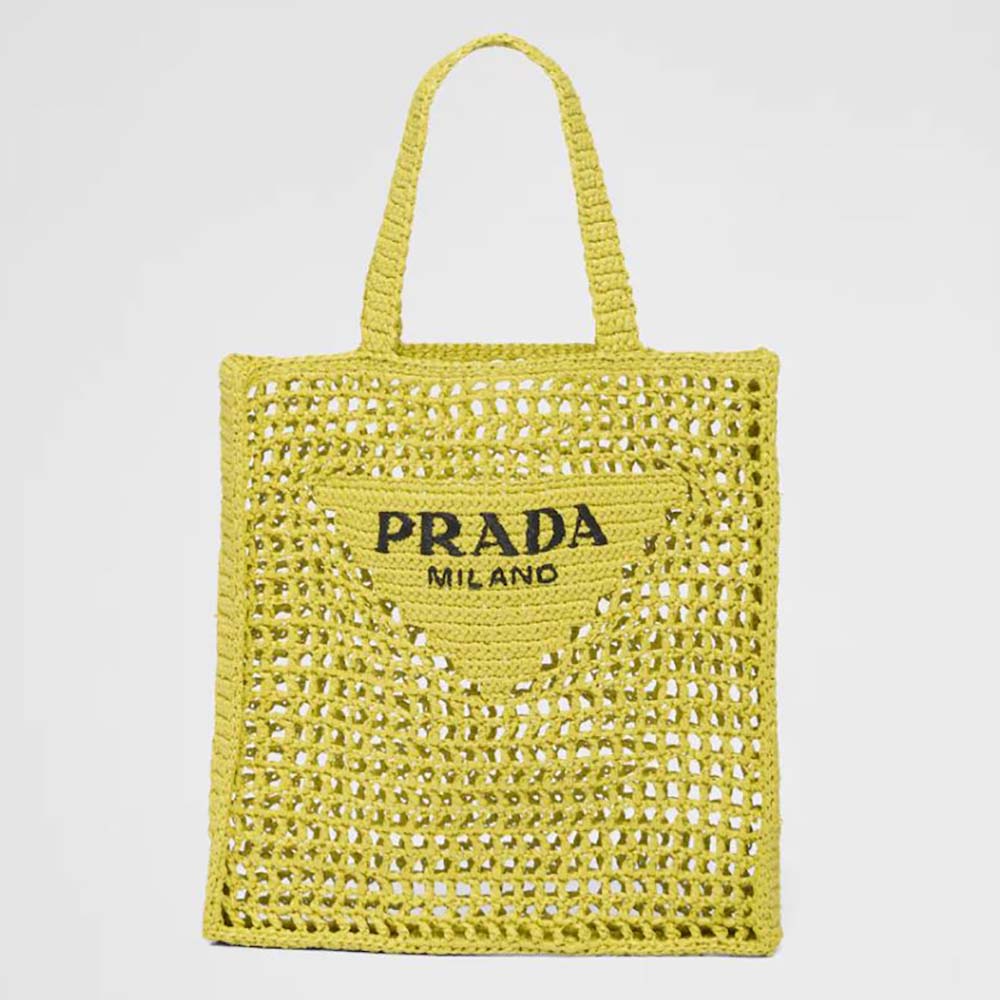 Front view of Prada Women Raffia Tote Bag with A Soft-Lime in bright lime