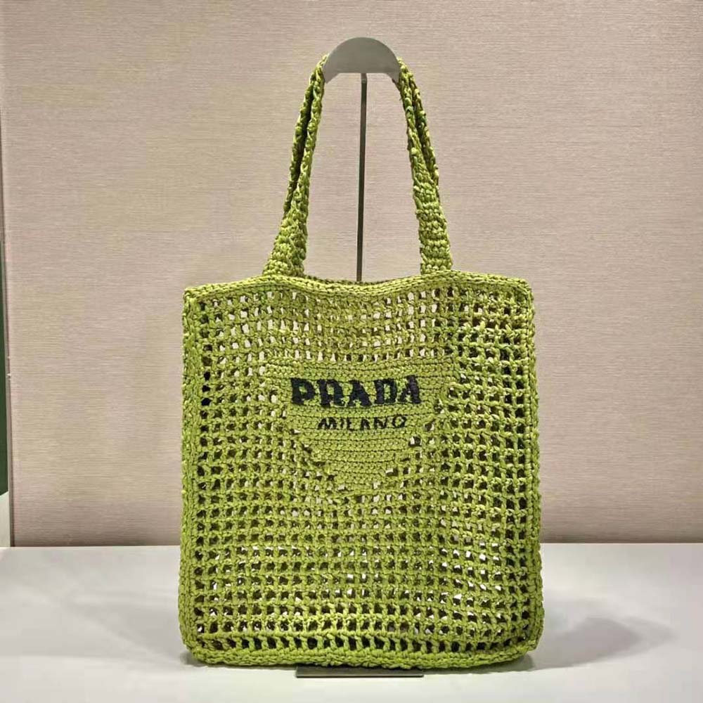 Side angle showing spacious open top of Prada Women Raffia Tote Bag with A Soft-Lime