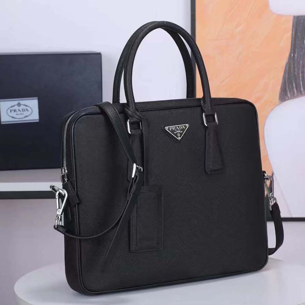 Close-up of silver-tone hardware on Prada Men Saffiano Leather Black Briefcase Bag