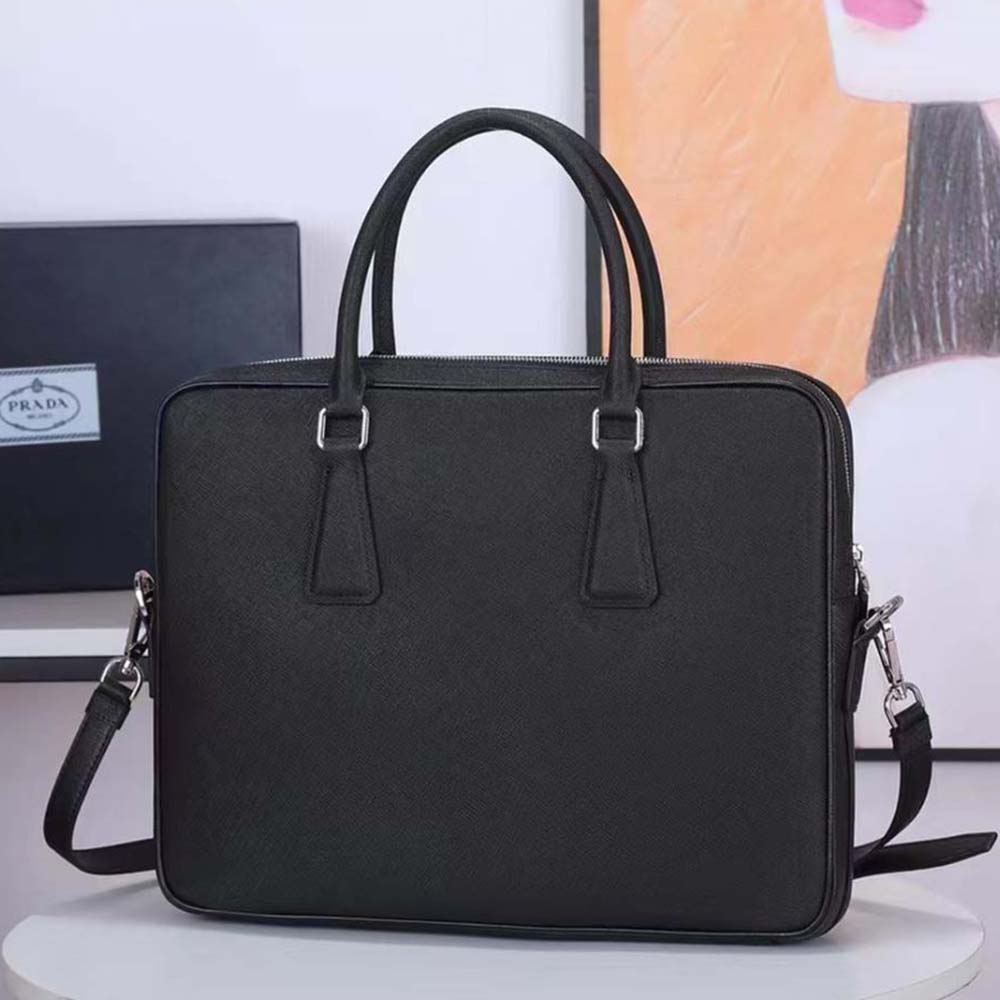 Side profile showing slim silhouette of Prada Men Saffiano Leather Black Briefcase Bag