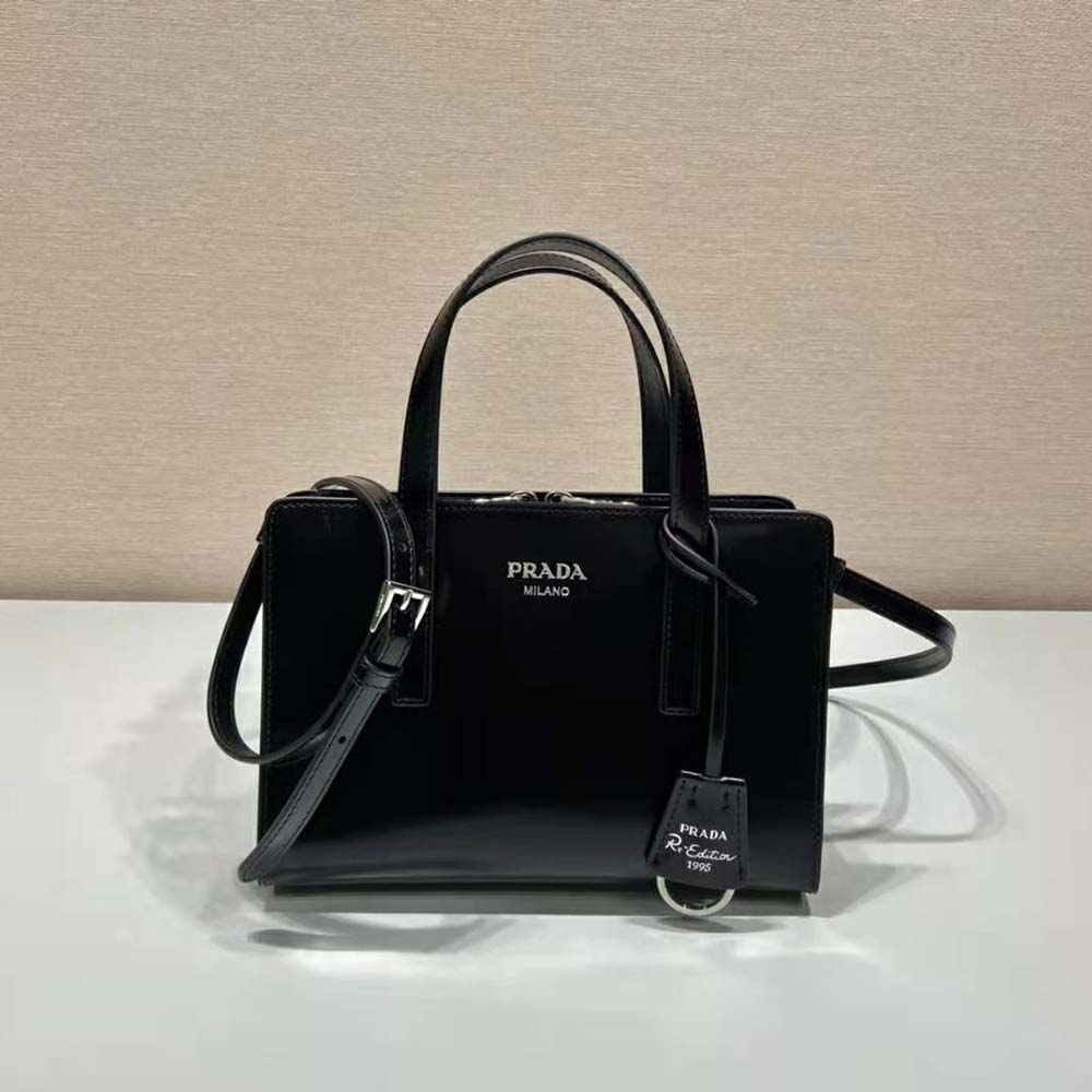 Side angle showing brushed leather texture of Prada mini handbag