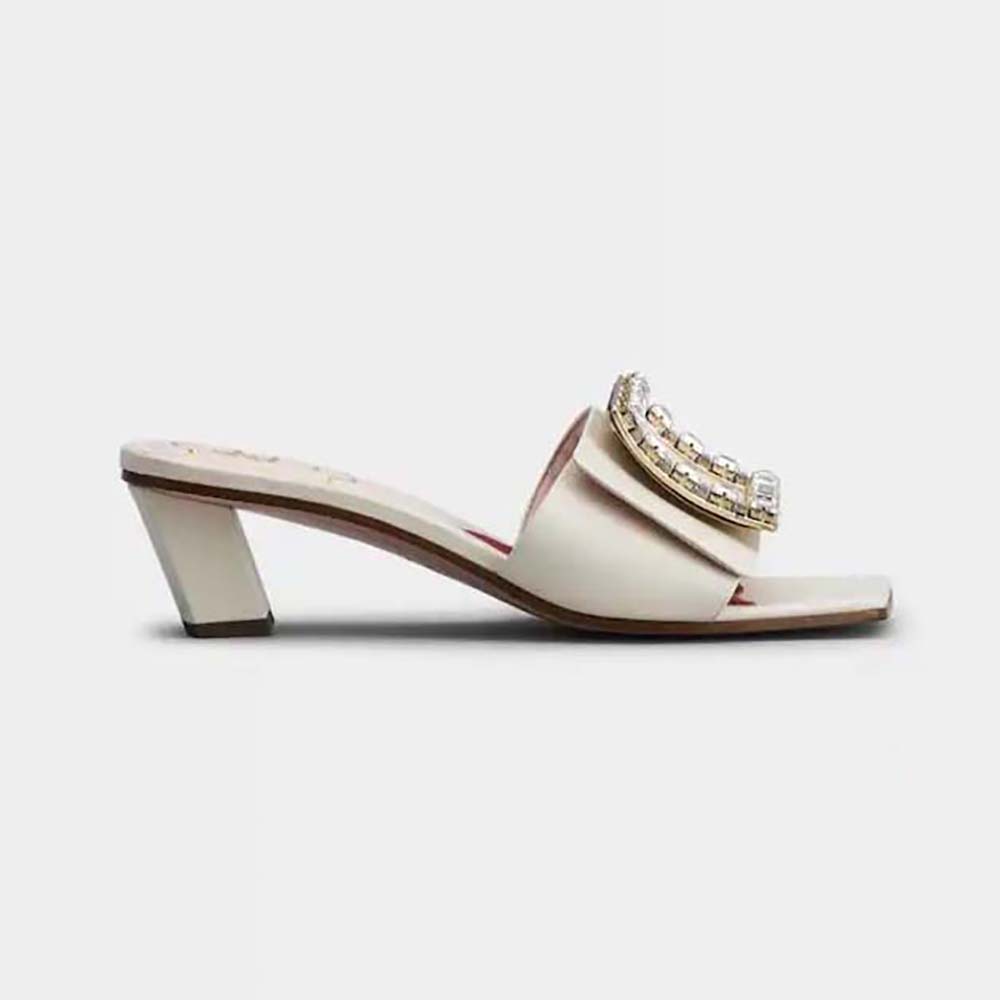 Side view of Roger Vivier Women Biki Love Strass Buckle Mules in Leather-White