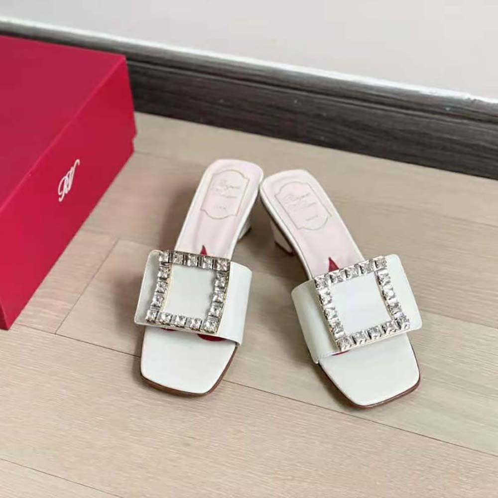 Top angle showing padded footbed and leather texture on Roger Vivier mules