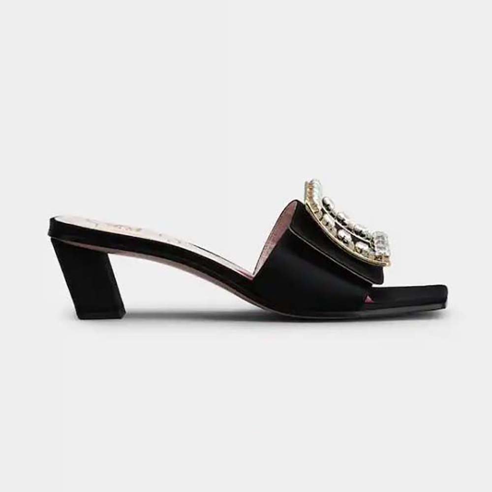Side view of Roger Vivier Women Biki Love Strass Buckle Mules in Satin-Black