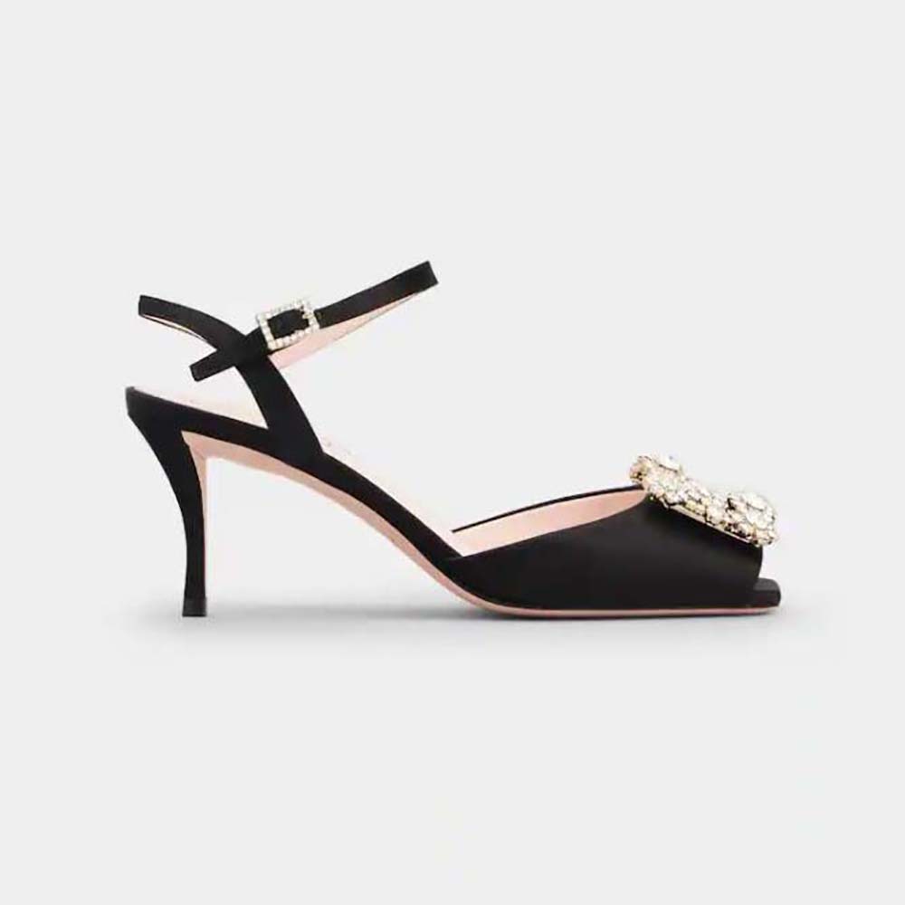 Front view of Roger Vivier Women Flower Strass Buckle Sandals in Satin-Black