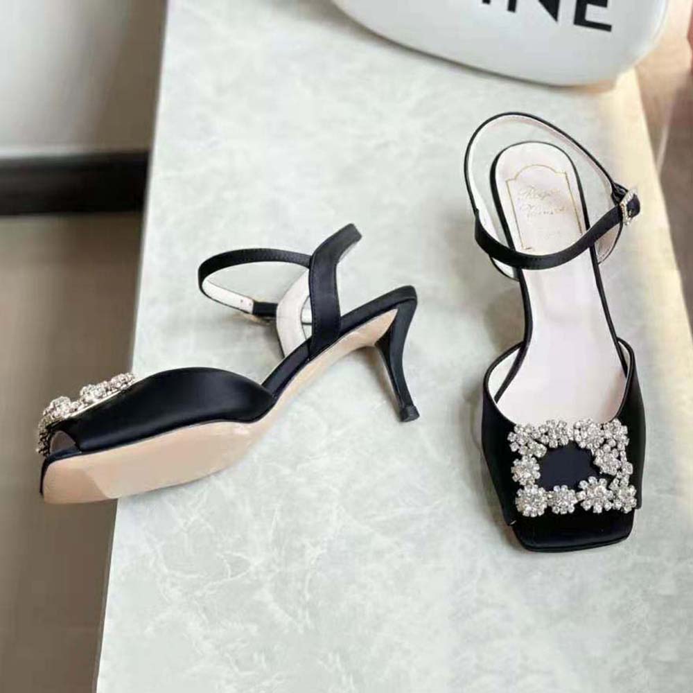Roger Vivier Women Flower Strass Buckle Sandals in Satin-Black - image 4