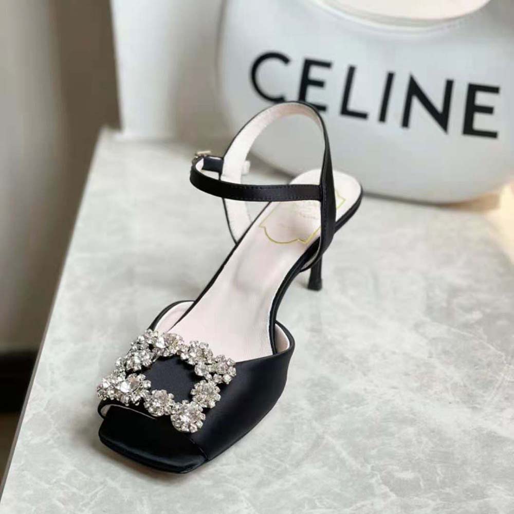 Roger Vivier Women Flower Strass Buckle Sandals in Satin-Black - image 5