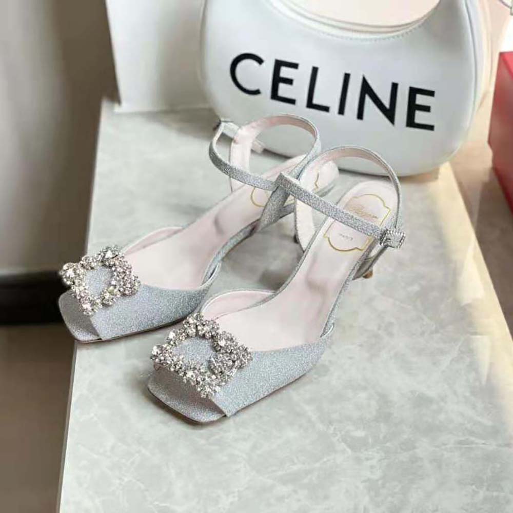 Close-up of flower strass buckle on Roger Vivier Satin-Silver sandals